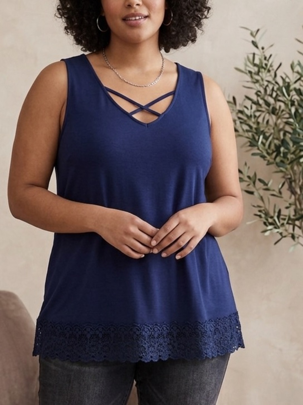 Lane Bryant Blue Lace Hem Tank Top strappy v neck size 14/16